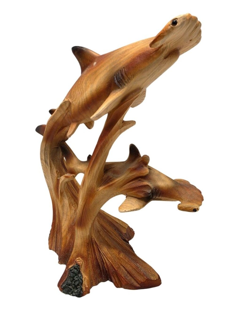 Hammerhead Shark Figurine Ocean Wave Resin Wood-Look Nautical Decor 7”